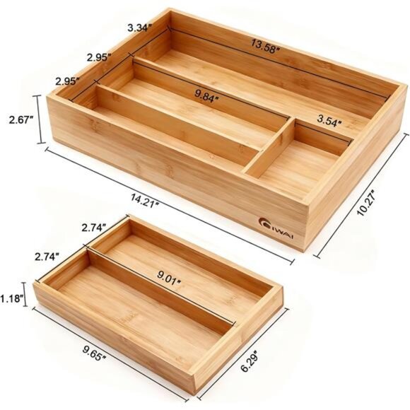 Bamboo 2 Tier Drawer Organizer Removable Cutlery Tray Kitchen Utensil Holder - Picture 3 of 8